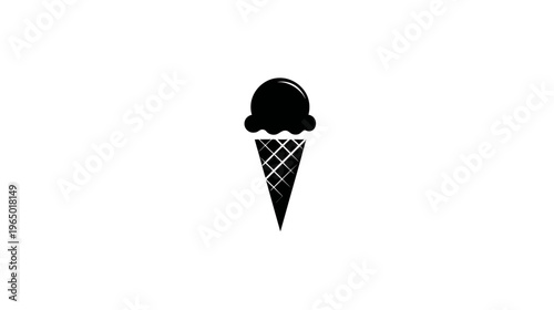 A monochrome illustration of a scoop of frozen dessert atop a textured cone. Simple graphic