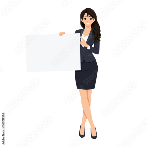 Smiling Businesswoman Presenting Blank Sign Board. Flat Vector Character