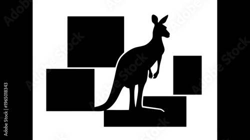 A black silhouette of a kangaroo on a white background with several black squares around it