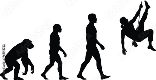 Black silhouettes set of human evolution progress from primate to modern man ending with a rock climber isolated on white, progress