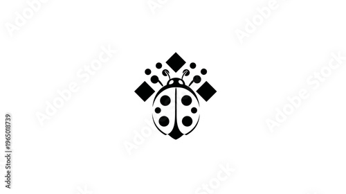A black and white illustration of a stylized ladybug with geometric elements