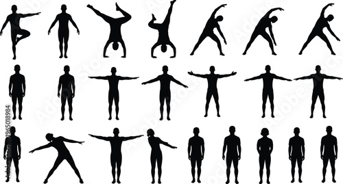 Black silhouettes set of people standing, stretching arms, performing handstands, and yoga poses isolated on white background for fitness designs