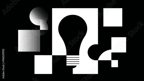 A grayscale, geometric design featuring a lightbulb silhouette, gradients, and shapes