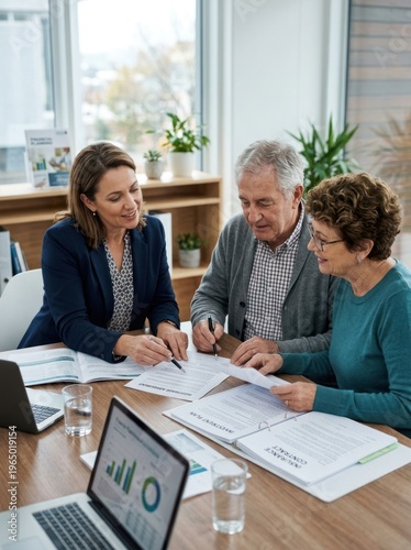 Three adults are sitting around a wooden table, reviewing documents and discussing a financial plan.