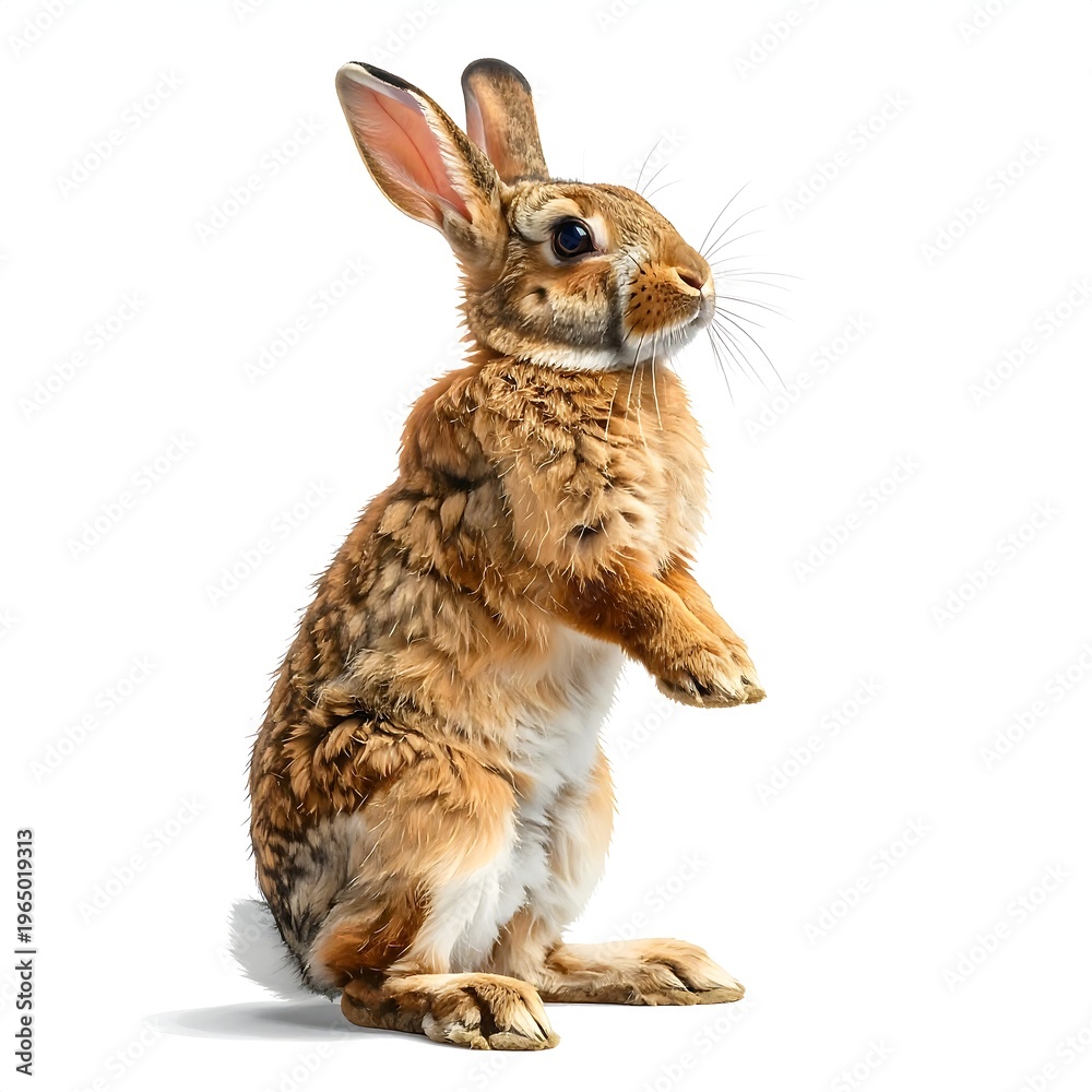 Fototapeta premium A brown rabbit sitting upright on its hind legs