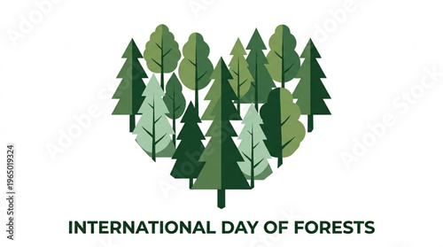 A heart shape formed by various green trees with the text 'International Day of Forests' below, symbolizing nature and conservation.
