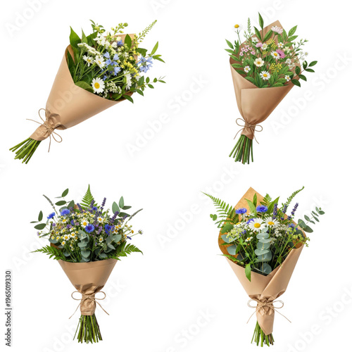 Four bouquets of wildflowers in kraft paper