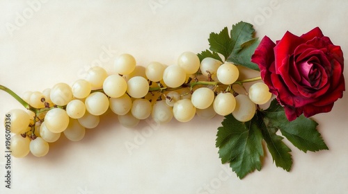 Artistic composition of translucent white grapes and a velvety red rose arranged diagonally across a soft beige background