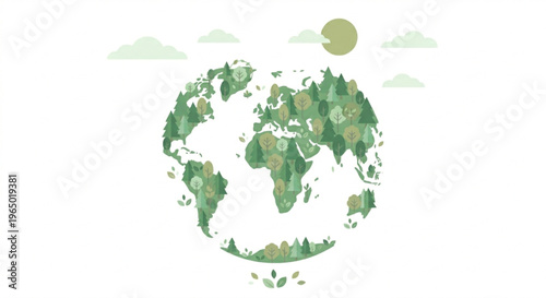 Stylized illustration of Earth covered in lush green trees and foliage under a gentle sun and clouds, symbolizing environmental health and sustainability.