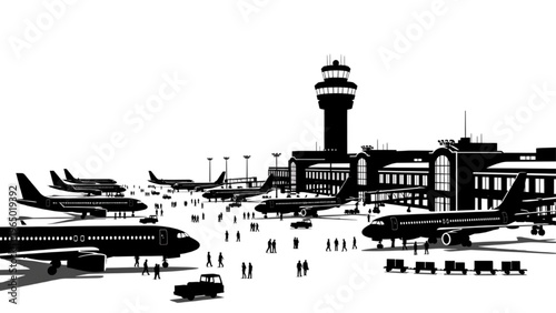 Busy Airport Terminal Silhouette Airplanes Runway Control Tower Aviation Travel Scene Illustration