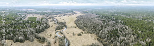 small winding river flows through the valley. spring forest. panoramic aerial view.