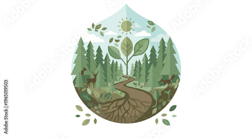 Stylized illustration of a vibrant forest ecosystem with a winding path, deer, and a central plant with roots, all contained within a water drop shape, symbolizing nature and growth.