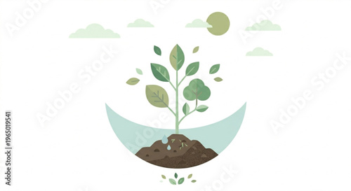 A stylized illustration of a green plant growing in soil with water, under a sky with clouds and sun, symbolizing nature and growth.