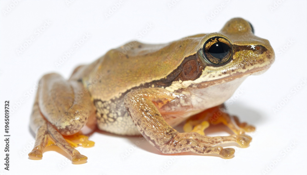 Obraz premium A brown frog with distinctive markings sits on a white surface looking forward.