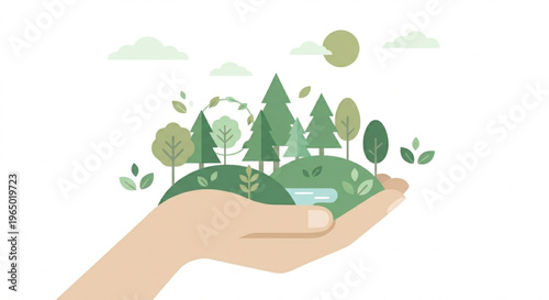 A hand gently cradling a miniature green landscape with various trees, hills, and a small pond, symbolizing environmental protection and nature conservation.