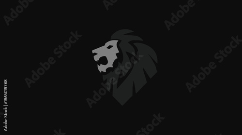 A grayscale geometric lion's head against a dark background, in a modern, minimalistic style
