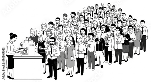 A long queue of diverse people waiting in line at a counter.