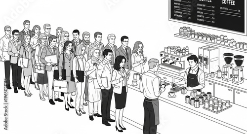 A long queue of diverse people waiting in line at a busy cafe counter.