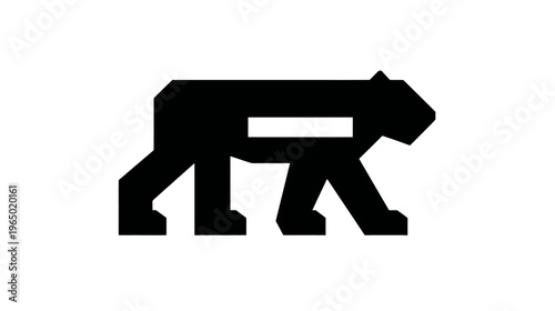 A stark geometric representation of a walking animal figure. Black shape over white background