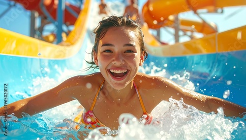 A young woman enjoys a thrilling water slide experience on a sunny day
