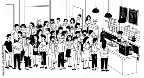 A long queue of diverse people waiting patiently in line at a busy coffee shop counter.