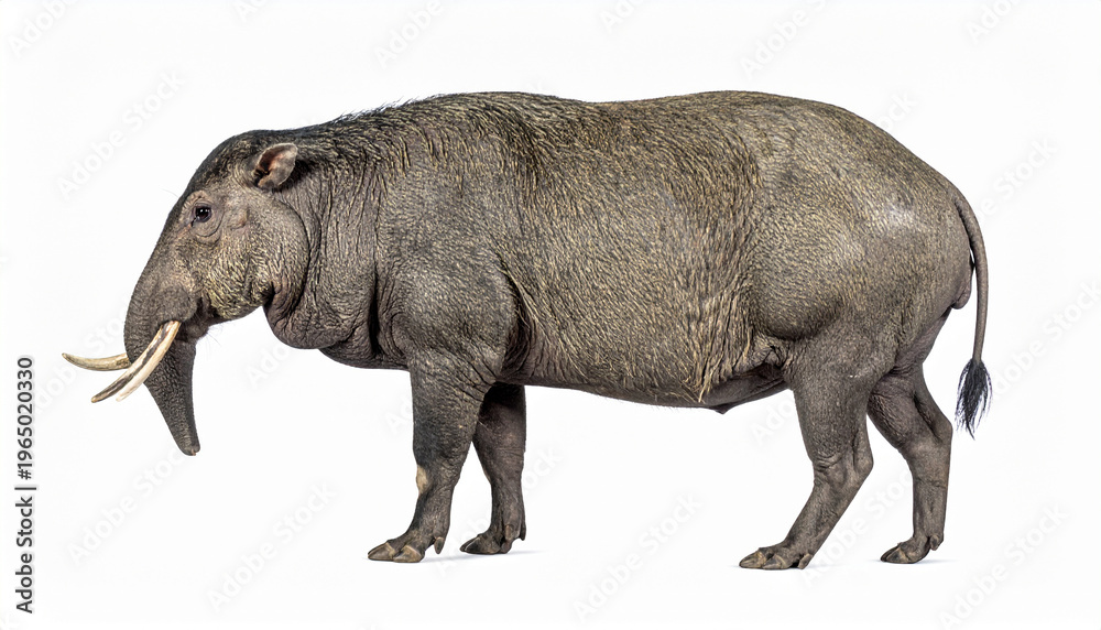 Obraz premium A large prehistoric mammal with tusks stands on a plain background.