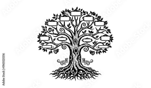 Vintage Family Tree Illustration Black White Engraved Style Ancestry Sketch Vector