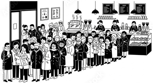 A long queue of people waiting in a busy store.