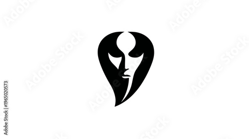 A minimalistic black and white face design shaped like a teardrop or a stylized flame on a plain white backdrop