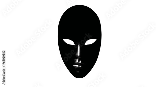 Black mask graphic with open eye sockets, nose and lips with highlights against a plain white background