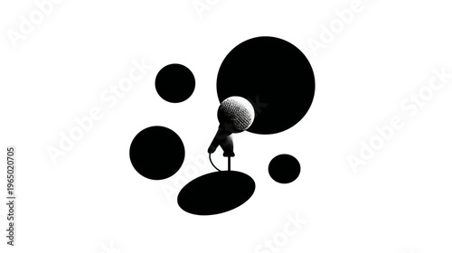 A grayscale image of a microphone in front of various black circular shapes against a white background