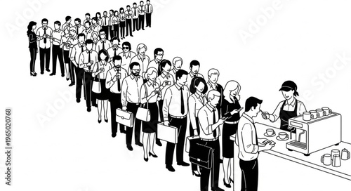 A long queue of people waiting in line at a counter.