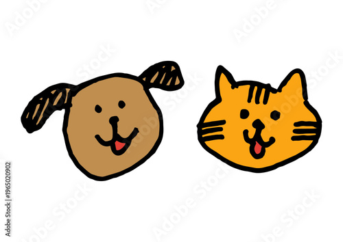 Cute hand drawn dog and cat face illustration, colorful doodle style pet characters, simple animal icon set isolated