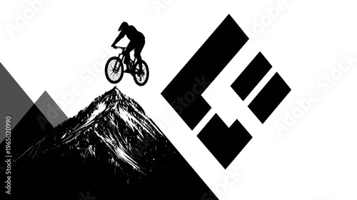 A silhouette of a cyclist on a bike jumping over a mountain peak, with abstract geometric elements