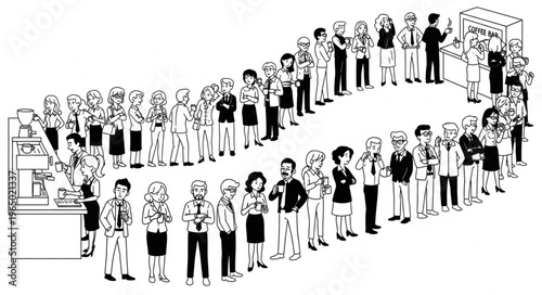 A long winding queue of diverse people waiting patiently in a serpentine line.