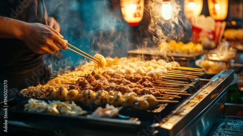 Street-style Japanese food scene with takoyaki, yakisoba, and grilled skewers being served on a traditional stall cart at night with glowing lanterns