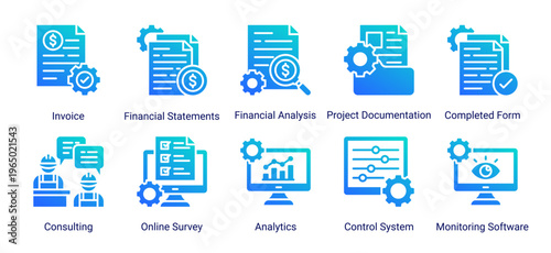 Construction finance and documentation icon set featuring invoice,analytics,reporting,and monitoring system.Ideal for business and financial management.
