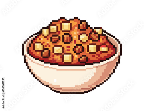Pixel art bowl of food with assorted ingredients on black background