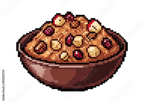 Pixel art bowl of oatmeal with nuts and berries