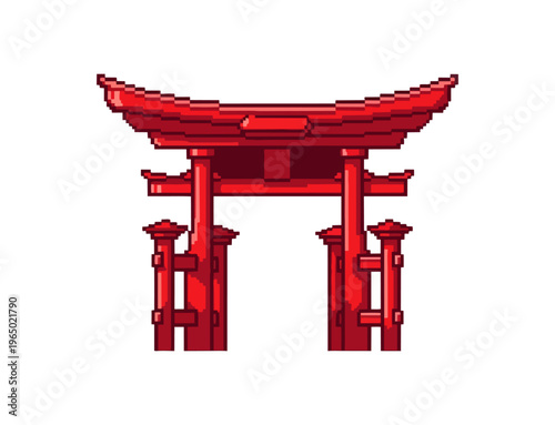Red torii gate pixel art illustration on black background