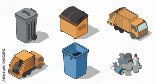 Isometric Waste Management Icons Vector Set – Trash, Recycling, and Eco Symbols