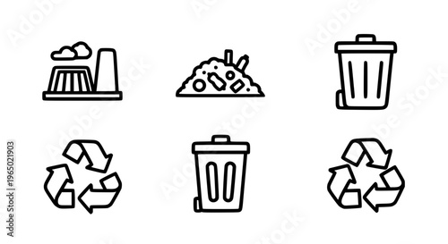 Bold Outline Waste and Recycling Icons Vector Set – High Contrast Trash Symbols