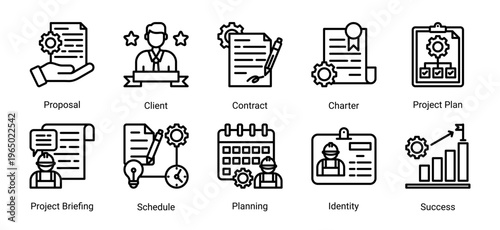 Construction project planning icon set featuring proposal,contract,scheduling,and business strategy.Ideal for planning,management,and workflow concepts.