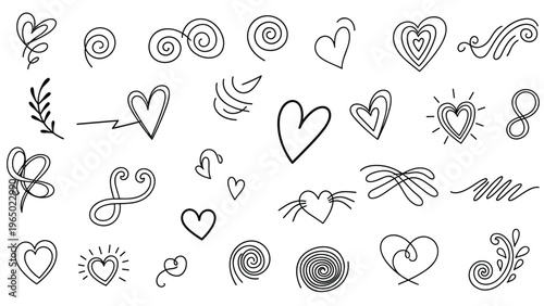 Comprehensive set of hand-drawn black ink doodles including hearts, swirls, and decorative ornaments on a white page.