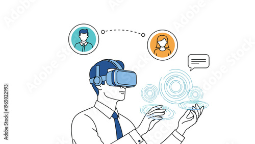 Professional man interacts with virtual data interfaces and remote coworkers while wearing a modern VR headset device.