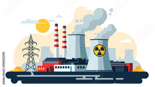 Nuclear power plant facility with tall cooling towers emitting smoke and an electricity pylon under a bright sun.