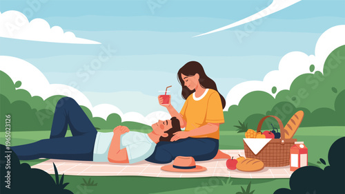 Happy young couple enjoying a romantic picnic on a blanket in a green park with trees and a basket full of food.