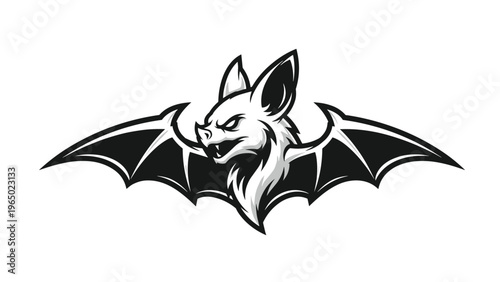 Angry bat mascot illustration with spreading wings and sharp features in a black and white style for sports or gaming.