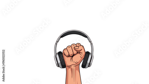Raised human fist holding a pair of modern headphones symbolizing music power protest or audio freedom illustration.