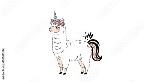 Adorable white alpaca unicorn wearing a flower crown with a colorful tail and tiny stars isolated on a white background.